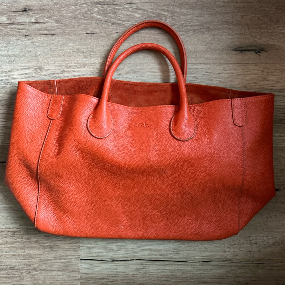 BECK Vibrant Orange Geometric Large Leather Luxury Tote Bag